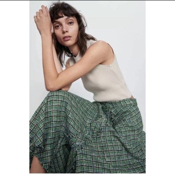 Zara Tweed High Waist Fringe Hem Button Dawn Flowy Midi skirt - Picture 2 of 12